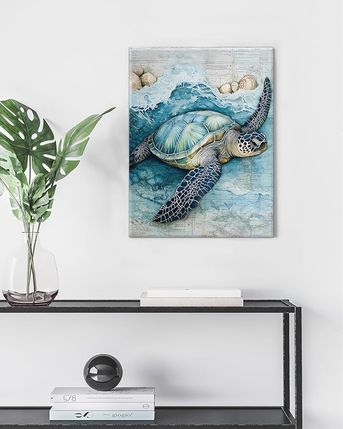 Coastal Sea Turtle Canvas Wall Art Turtle Nautical Ocean Theme Print Poster Framed Picture Painting for Home Beach House Bedroom Wall Decor 11x15 Inch