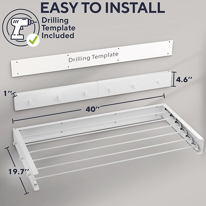 Foldable Wall Mounted Drying Rack 40 inch - Easy to Install Hanging Rack for Laundry Room - Space Saving Design with 66-lb Capacity - Perfect Drying Racks for Clothes Towels & More