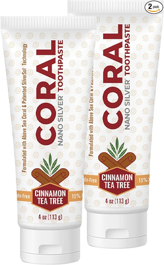 Coral Nano Silver Cinnamon Tea Tree Toothpaste, Natural Fluoride Free Teeth Whitening Toothpaste, Coral Calcium Nano Silver Infused SLS Free 4 Ounce