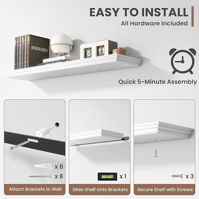 Floating Shelves for Wall, 36 Inch Long Wall Mounted White Hanging Shelf for Kitchen, Living Room, Office, Bedroom, Bathroom, Retro Vintage Wood Bookshelf for House Decor