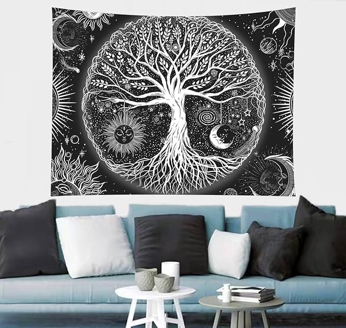 FORATER Tree of Life Tapestry Wall Hanging, Sun and Moon Aesthetic Wall Tapestry Black and White Tapestries Home Decor for Living Room Bedroom(53 x 61 Inch, Black and White)