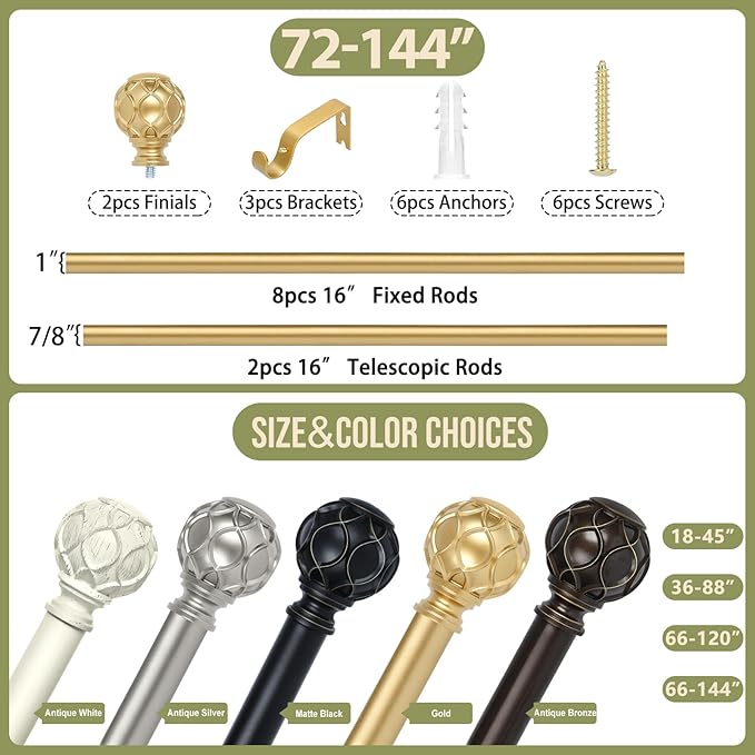 Gold Adjustable Curtain Rods for Windows:72-144 Inch Farmhouse Heavy Duty Long Curtain Rod for Bedroom Living Room,Boho Decorative Rustic Drapery Rods with Vintage Coastal Finials,Brass Gold