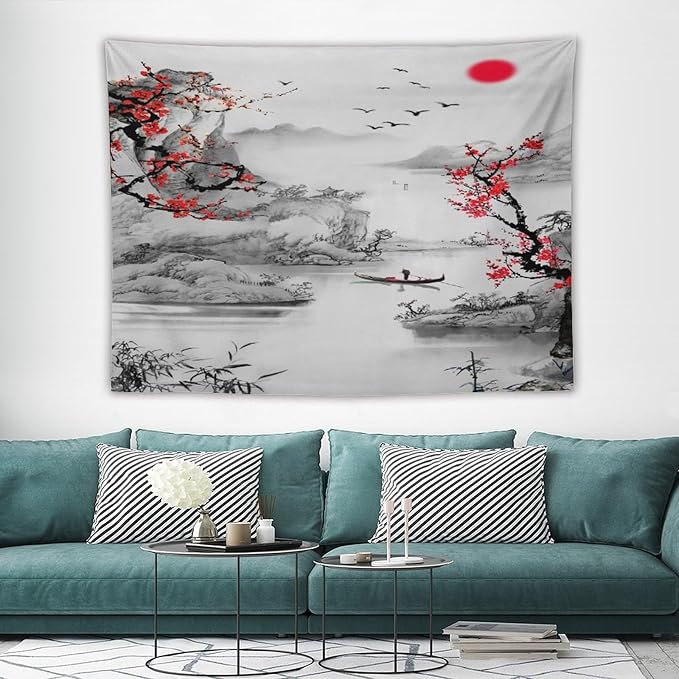 Cherry Blossoms Tapestry,Japanese Red Landscape Watercolor Abstract Art Tapestry,Asian Japanese Wall Tapestry, Nature Landscape Tapestries for Bedroom Living Room Decor 80"x60"