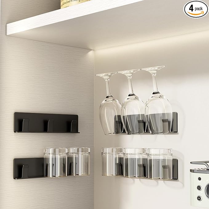 Cup Holder, 4 Pack Wine Glass Holder，No Drilling Installation Wine Glass Holder Wall Mounted for Dining Room, Kitchen and Bar Daily Use (Classic Black)
