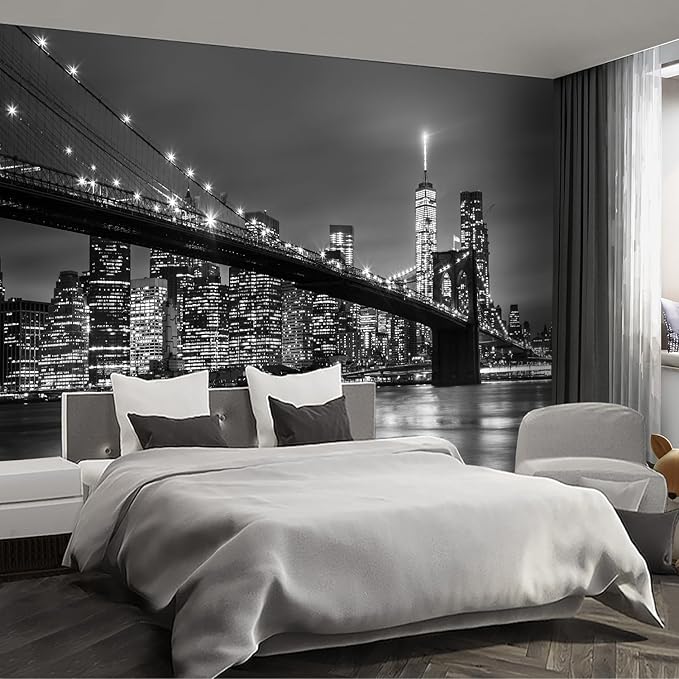 Gray Brooklyn Bridge at Night NYC Wall murals New York Peel and Stick Wallpaper for Bedroom Living Room - 108"x157"