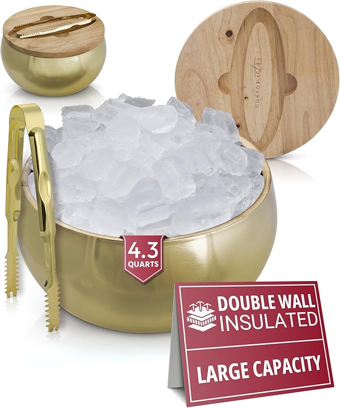 Gusto Nostro 4.1L Insulated Ice Bucket with Lid and Tongs, Double Wall Stainless Steel Ice Bucket Large, BPA Free Ice Bucket for Cocktail Bar, Keeps Champagne, Wine, Beer Chill for Parties (Gold)
