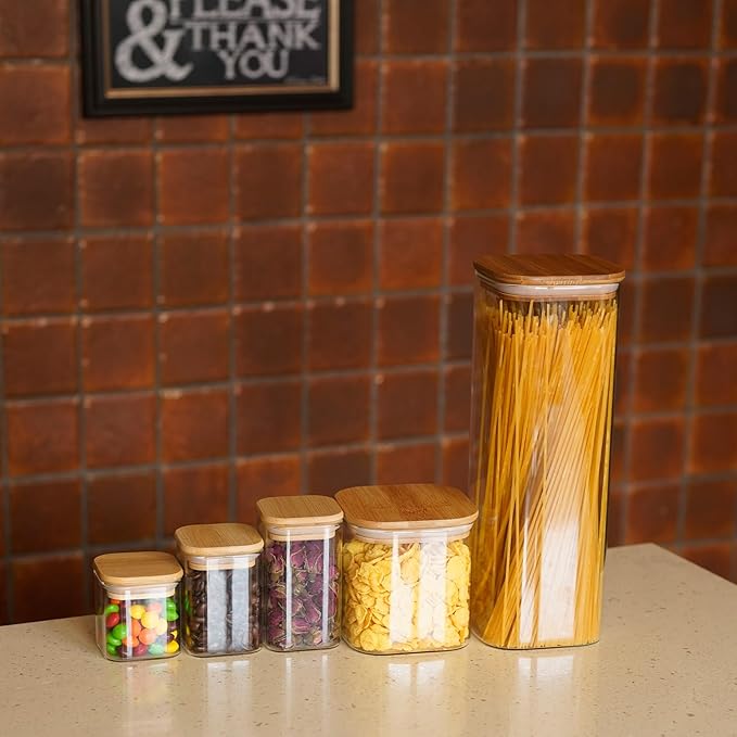 Glass Food Storage Jars Square 61oz, 3 Pack Glass Jars With Bamboo Lids, Kitchen Storage Containers For Spice, Candy, Cookie, Storage For Pantry Organizers