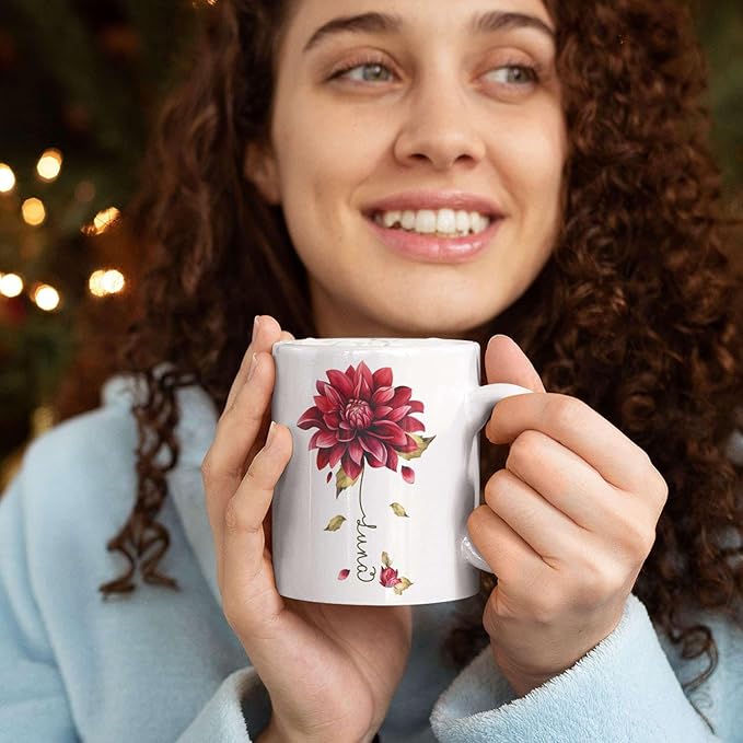 Dahlia Flower Design Coffee Mug, Personalized Name On Red Floral Cup, Custom Ceramic Mug For Flower Lovers, Customized Dahlia Accent Cup 11oz Or 15oz, Floral Decorative Mug Gift