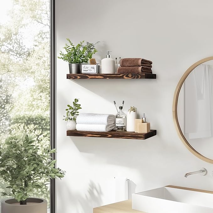 Floating Wall Shelves - 16"x6.8"x1.2" Sturdy Rustic Brown Solid Wood Shelves for Storage and Décor, Easy Installation for Living Room, Bedroom, and Kitchen - 2 Pack