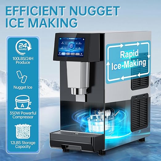 Commercial Nugget Ice Maker Machine, 100Lbs/24H Pellet Chewable Ice, 3-IN-1 Nugget Ice Maker with Ice & Water Dispenser, Self-Cleaning Countertop Stainless Steel Ice Machine for Business, Office,Party