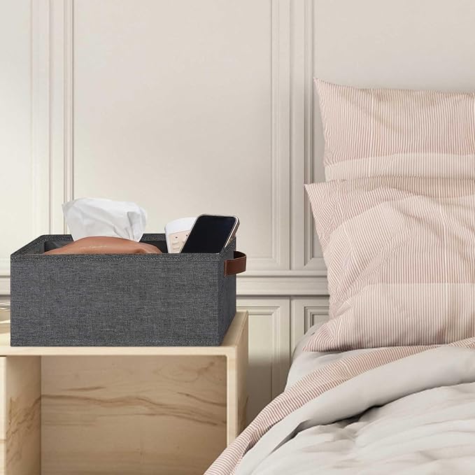 GhvyenntteS Small Fabric Storage Bins 12 Pack, 11.8" x 7.87" x 5.11" Storage Basket with Leather Handles, Closet Storage Bins for Shelves, Storage Baskets for Shelves, DVD Storage (Grey)