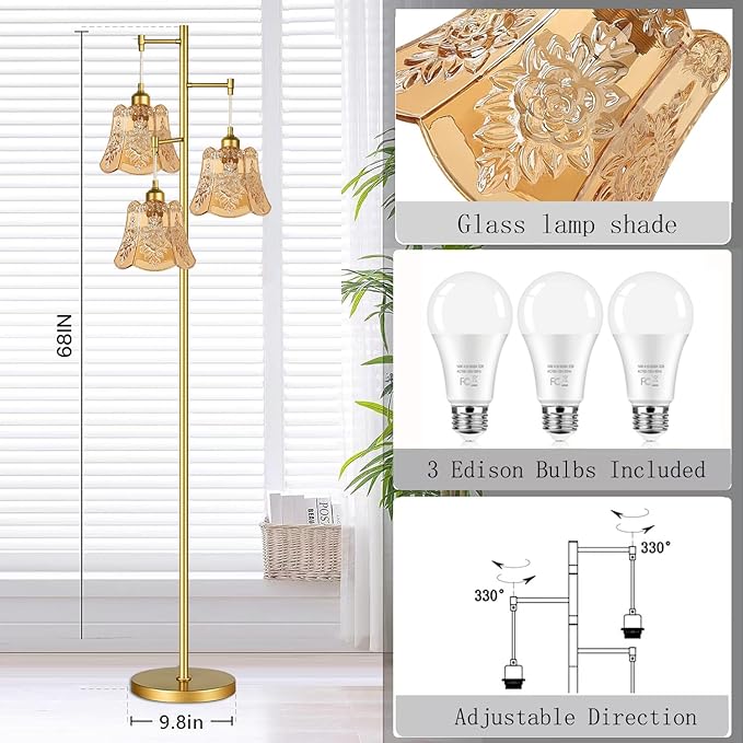 Gold Floor Lamp for Living Room,Bedroom,Tree 3 Light Standing Lamp Mid Century Modern Brass Tall Floor Lamps Vintage Retro Floor Lights Glass Green Flower Lamp Shade Farmhouse Boho Bohemian