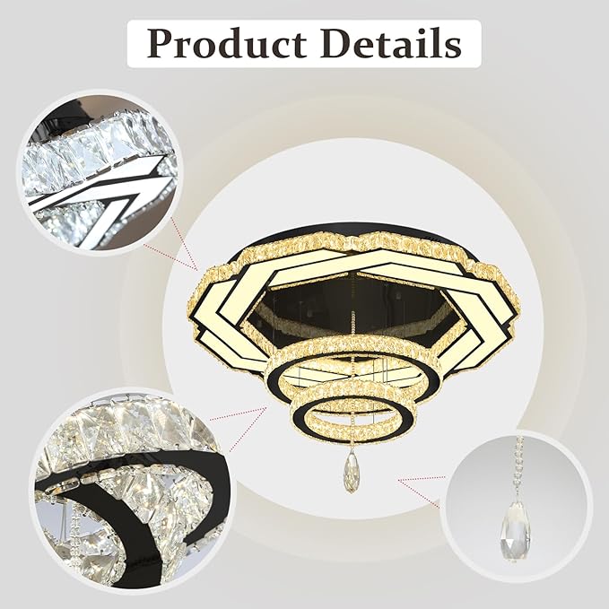 Flashing God Dia 32" Modern Crystal Chandelier Crystal Black Ceiling Light Fixtures LED Flush Mount Ceiling Light for Living Room Bedrooms Dining Room Dimmable 2700k- 6000k