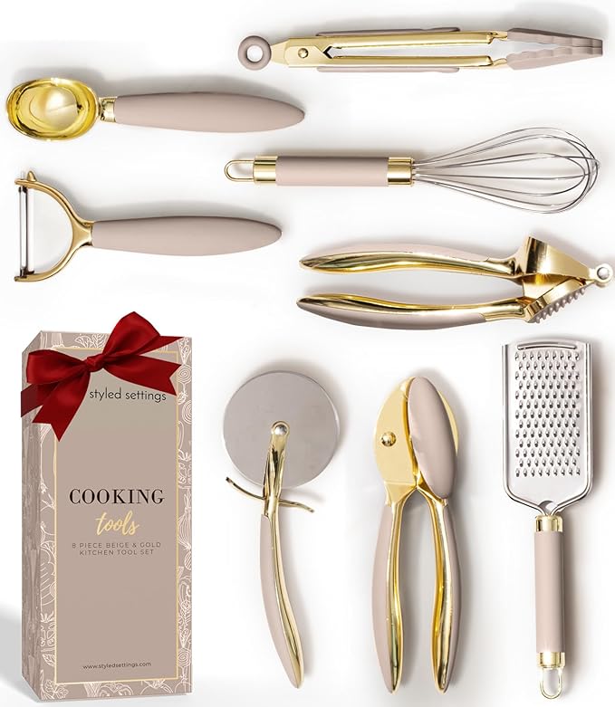 Gold and Beige Kitchen Utensils Set – 8 PC Cooking Gadgets with Mini Gold Whisk and Tongs, Pizza Cutter, Garlic Press, Cheese Grater, Peeler, Can Opener, Scoops – Stylish Beige Kitchen Accessories
