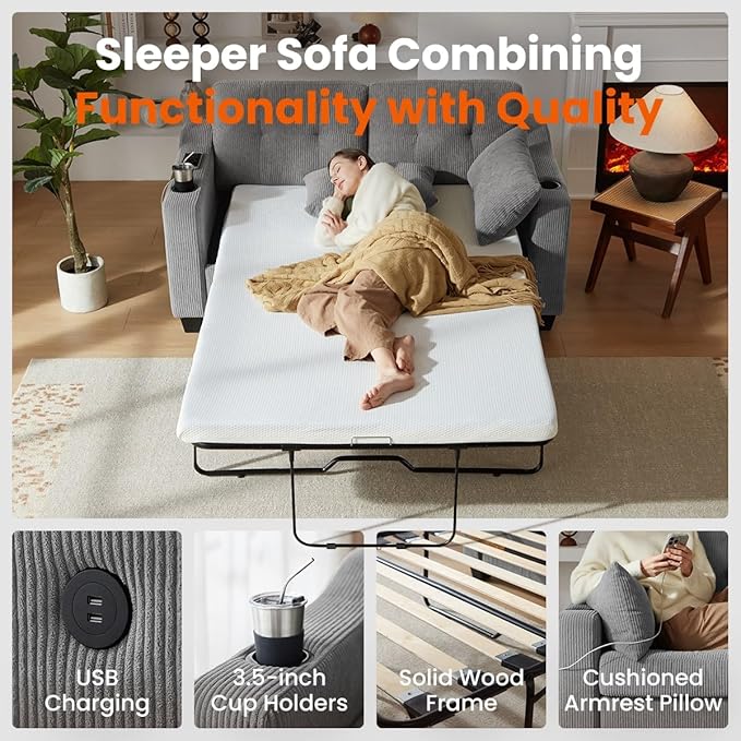 CHIC HOUSE Pull Out Sofa Bed, Full Size Sleeper Sofa, 2-in-1 Convertible Corduroy Couch with USB Charging, Memory Form Couch for Living Room, Apartment and Small Space (Grey, Corduroy - Full Size)