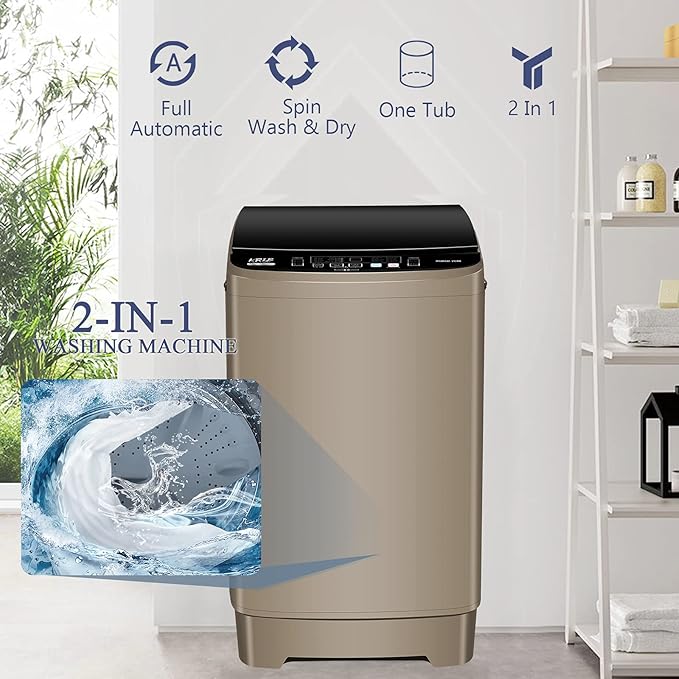 Full Automatic Washing Machine with LED Display, 17.7 lbs Portable Washer Drain Pump, 10 Programs & 8 Water Levels Selections, Ideal for RV, Camping, Apartment, Dorm, Gold