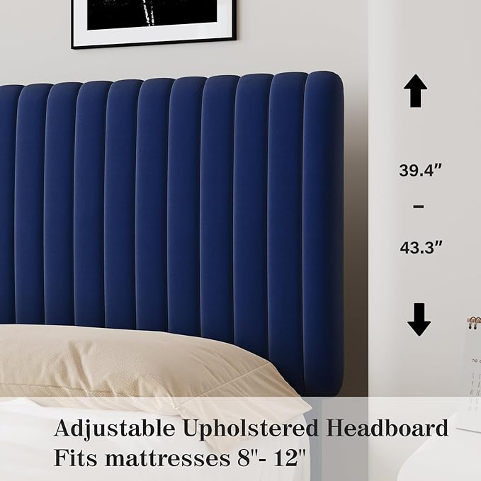 Full Size Bed Frame, Velvet Upholstered Platform Bed with Vertical Channel Tufted Headboard and Footboard, No Box Spring Required, Easy Assembly, Blue