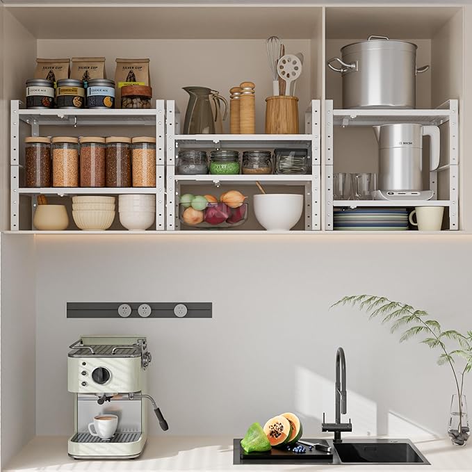 Expandable,Adjustable & Stackable Spice Rack, Cabinet Kitchen Countertop Shelf Organizer,Metal Pantry Storage Shelves - Space-Saving Storage Solution(1Pack/White/Medium)