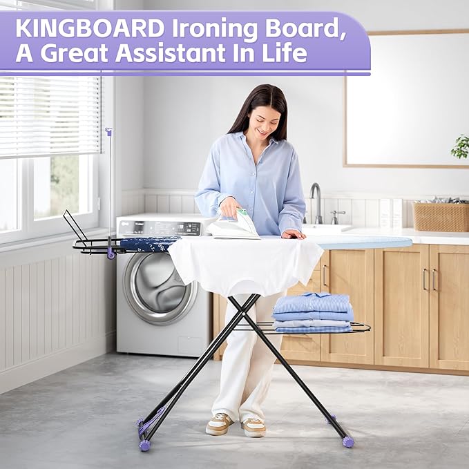 Full Size Ironing Board, 18x51 Iron Board with Metal Panel Stretchable Iron Rest, Adjustable Height Heavy Duty Heat & Scorch Resistant Cover Ironing Board, for Home, Laundry, Purple