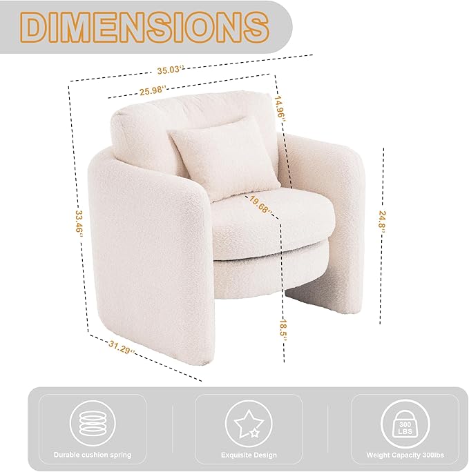 Chenille Accent Armchair Oversize Upholstered Barrel Comfy Modern Round Lounge Sofa Chair with Pillow Cozy Reading Chairs for Apartment,Office,Living Room,Dining,Makeup,Club,Beige