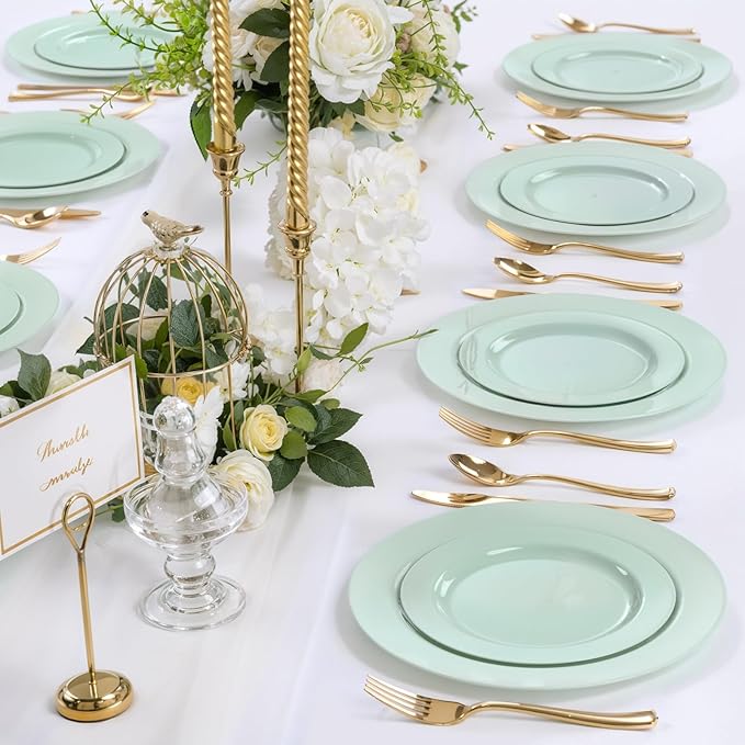 FLOWERCAT 60PCS Sage Green Plates - Heavy Duty Plastic Plates Disposable for Party/Easter - Include 30PCS 10.25inch Sage Green Dinner Plates and 30PCS 7.5inch Dessert Plates