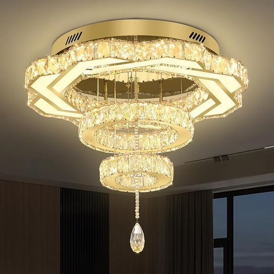 Flashing God Modern Crystal Chandeliers Dia 24" Gold Chandelier Flush Mount Ceiling Light for Bedroom Living Room Dining Room Hallway Dimmable 3 Rings LED Celing Lighting Fixtures