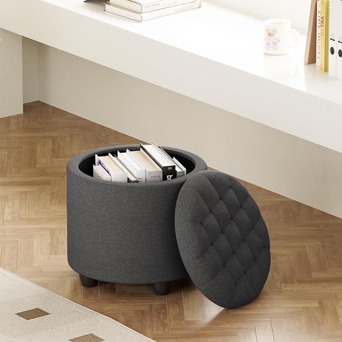 Furniliving 18.7inch Storage Round Ottoman, Footstools with Hidden Storage with Removable Lid, Stylish Button Tufted Design Ottoman Foot Stools for Living Room, Bedroom，Darkgrey