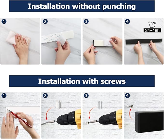 Dmore magnetic knife holder for wall—with 2 hooks, No Drilling 12 Inch black knife magnetic strip, Powerful knife magnet rack, include Adhesive Tape and screws for Knives, Utensils, and Tools