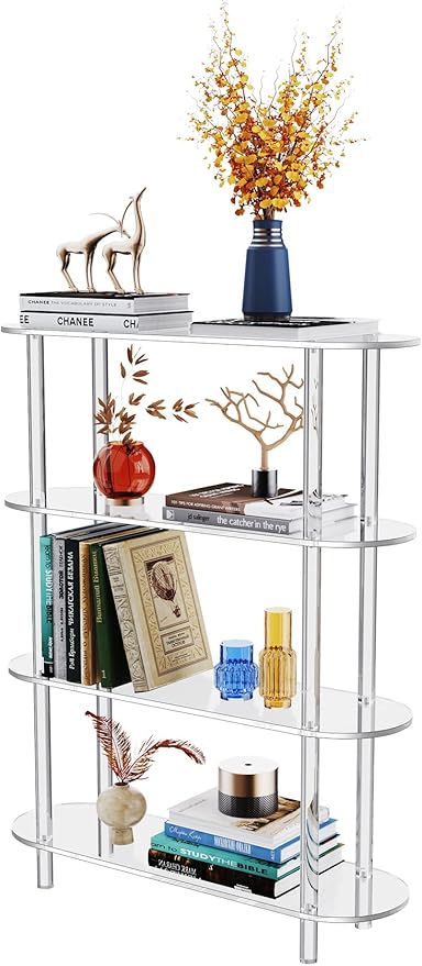 Clear Bookshelf, Acrylic Bookcase with Open Book Shelf Console Table for Entryway Office Living Room Bedroom (4 Tier Clear)