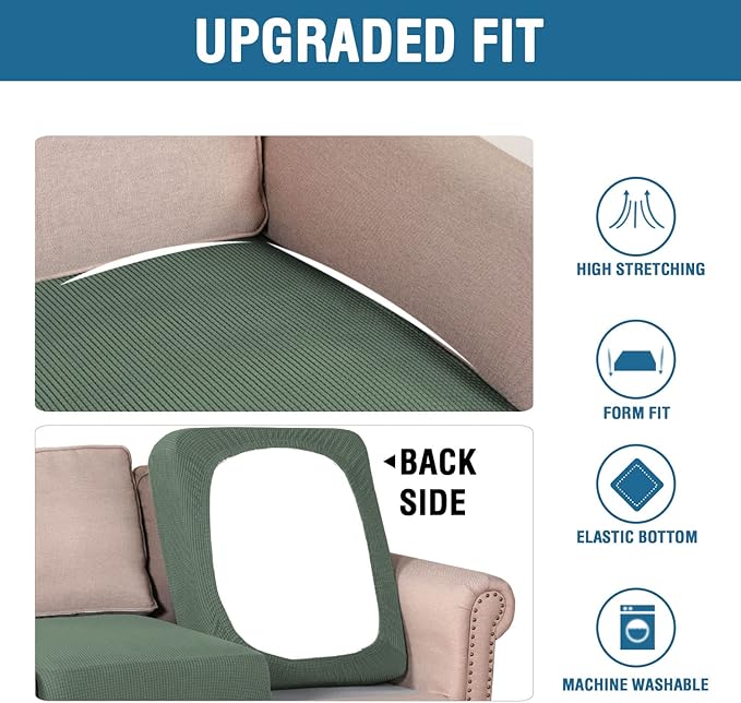 H.VERSAILTEX Super Stretch Individual Seat Cushion Covers - Sofa & Couch Cushion Slipcover Sets - Thick Jacquard Textured Twill Fabric (3 Piece XL Sofa Cushion Covers, Loden Frost)