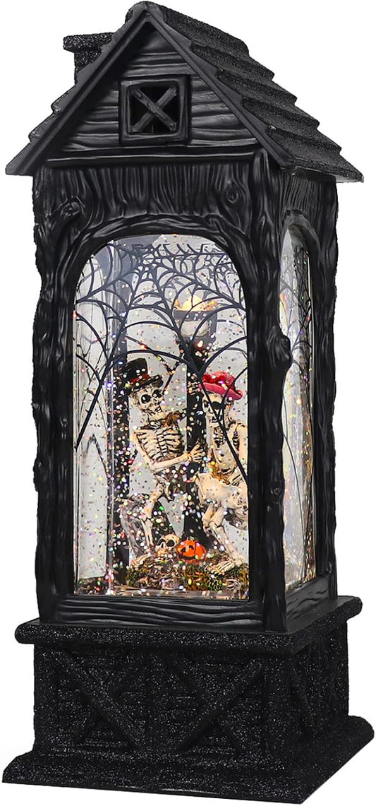 Eldnacele Halloween Ghost Projection Snow Globe Lantern with 6-Hour Timer, Lighted Plug-in & Battery Operated Water Glittering Snowing Globe Lamp for Spooky Fall Halloween Indoor Decoration(Skeleton)