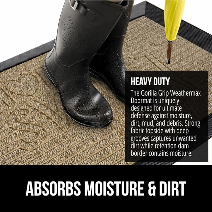 GORILLA GRIP 100% Waterproof All-Season WeatherMax Doormat 35x23, US Designed Natural Rubber, Stain and Fade Resistant, Low Profile Indoor Outdoor Door Mats, Easy Clean Patio Mat, Home Sweet Home