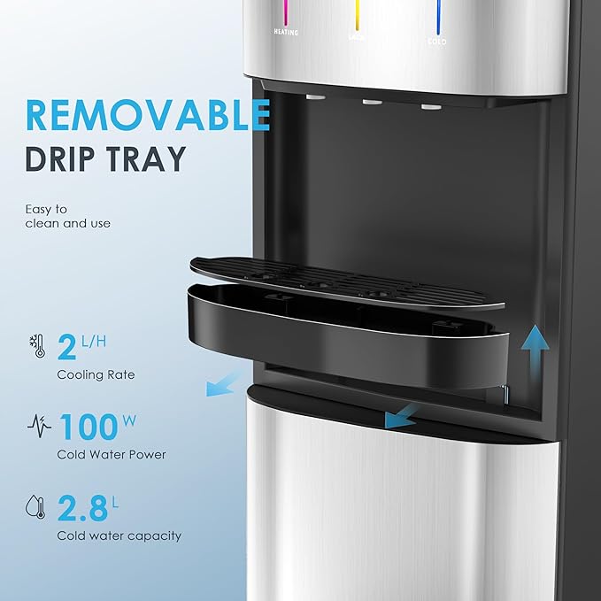 Euhomy Bottom Loading Water Cooler for 5 Gallons, 3 Temperature Settings-Cold/Hot/Warm, Child Safety Lock, Water Dispenser for Apartments, Schools, Companies, Black+Sliver