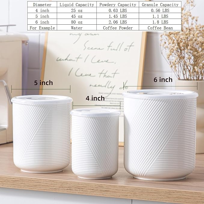 Food Storage Containers with Airtight Lids: Ceramic Canister Sets for Kitchen Countertop - Porcelain Jar for Coffee Tea Flour Sugar Rice Cookies Candy - White (23+42+75 oz)