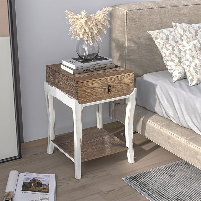 COSIEST Rustic Nightstand, 2-Tier Farmhouse Bedside Table, Wood Accent End Table with Storage Drawer and Open Display Shelf for Bedroom Nursery Living Room(Walnut)