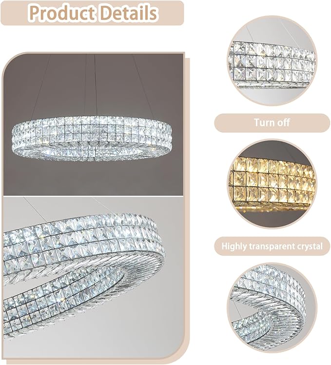 Dia 24" Modern Crystal Chandelier Black Ring Chandelier Adjustable Height Luxury Crystal Pendant Ceiling Light Fixture for Dining Living Room Bedroom