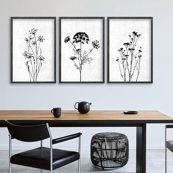 Flower Plant Wall Art Decor 24"x16" Set of 3 Black And White Botanical Painting Wood Framed For Minimalist Bedroom Office Rustic Living Room Abstract Wildflower Sign Hanging (Black)