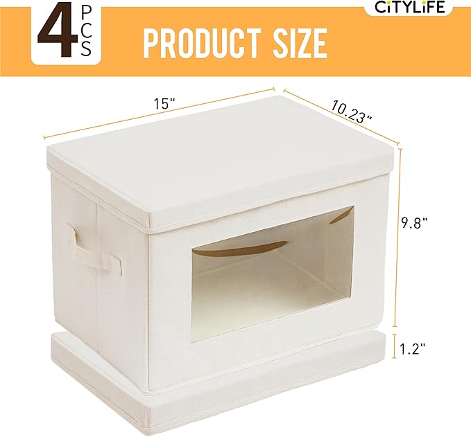 Citylife 4-Pack Storage Bins with Lids, Fabric Foldable Storage Bins with Soft Cord Handles, Cube Closet Storage Baskets with Lids, Organizers for Organizing Clothes and Books, Beige