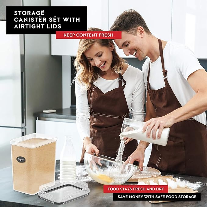 DWËLLZA KITCHEN Large Flour Sugar Storage Containers Set of 2; 175 FL. oz - 5.2L Plastic Airtight Food Storage Containers with Lids for Kitchen Pantry Organization - Food Containers, Labels & Marker