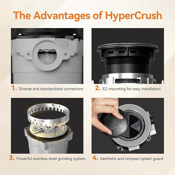 Garbage Disposal, TECASA 1/2 HP Pro Food Waste Coutinuous Feed, Garbage Disposals with Stopper Power Cord, Stainless Steel Grinding System for Kitchen Sink - HyperCrush 50 PRO