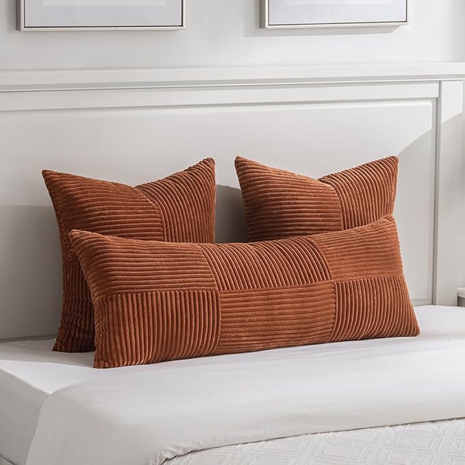 Fancy Homi 2 Packs Rust Euro Decorative Throw Pillow Covers 26x26 Inch for Bedroom Bed, Farmhouse Boho Home Decor, Soft Corss Corduroy Patchwork Textured Square Terracotta Cushion Case 66x66 cm
