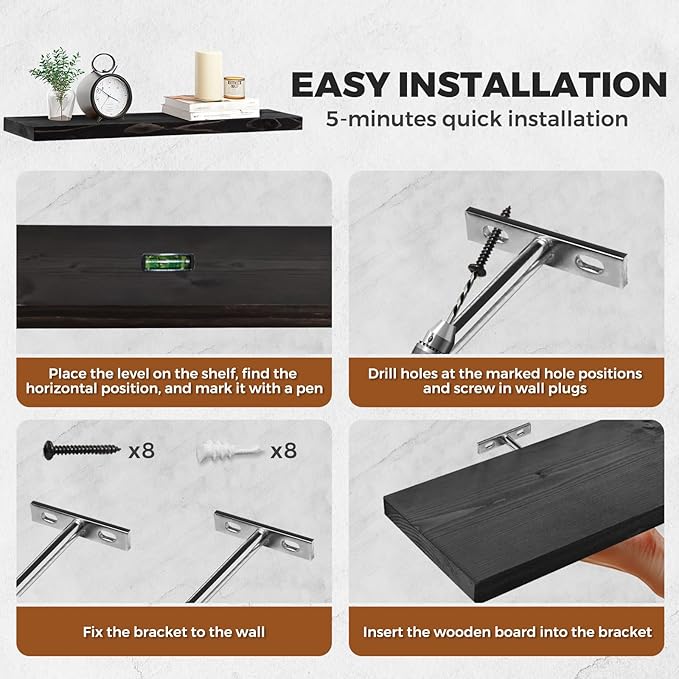 Floating Wall Shelves 2-Pack - Rustic Black 16-inch Wooden Wall Shelves for Storage and Décor, Multi-Functional and Easy to Install for Living Room, Bedroom, and Kitchen