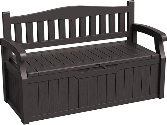 Greesum 80 Gallon Storage Bench Outdoor Deck Box with Armrest, Patio Furniture,Lockable, Waterproof and UV Resistant, Suitable for Garden, Pool, Brown