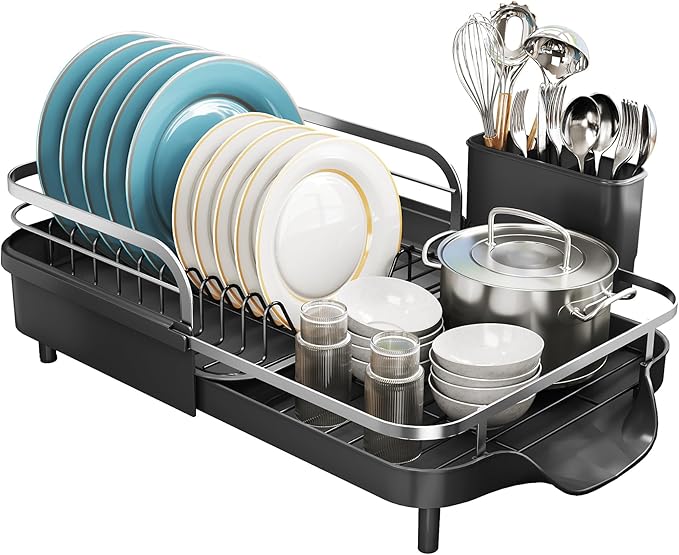 Dish Drying Rack, Expandable Dish Rack for Kitchen Counter, Stainless Steel Dish Drainer with Drainboard Set and Utensil Holder (Black)