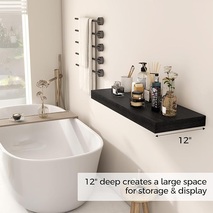 Fun Memories Black Floating Shelves 30" W x 12" D, 12 Inch Deep Floating Shelf for Books, Bathroom, Living Room, Rustic Wood Wall Shelves, 2 Inch Thicked Storage Shelf for Home Storage, Set of 2