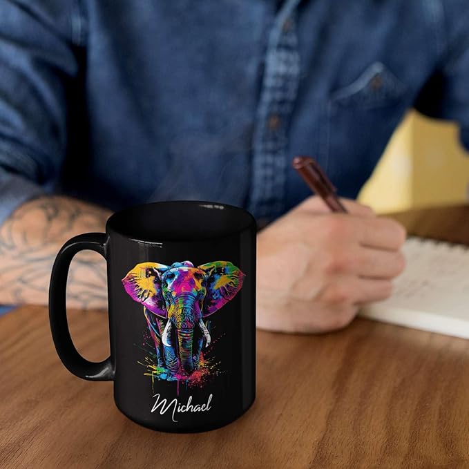 Elephant Coffee Mug 11oz 15oz, Personalized Name Animal Black Cup, Gift For Elephant Lovers, Custom Colorful Animal Design Mug, Gifts For Son Daughter On Birthday
