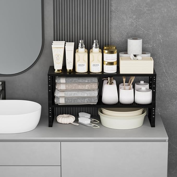 Expandable Spice Rack Kitchen Cabinet Shelf Organizer, Stackable Storage Shelves Racks, Adjustable Counter Shelving for Cabinets, Countertop, Cupboard,Pantry and More(1Pack/Black/Large)