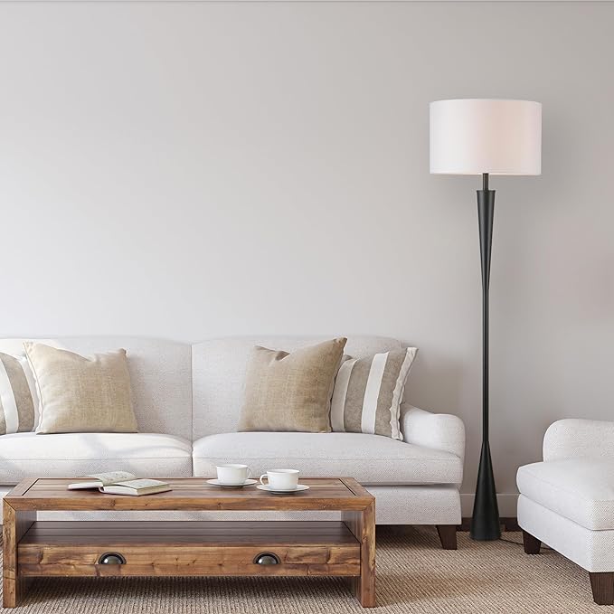 Globe Electric 67224 70" Floor Lamp, Matte Black Finish, White Fabric Shade, Modern Tapered Frame, E26 Base, Contemporary Living Room and Bedroom Lighting