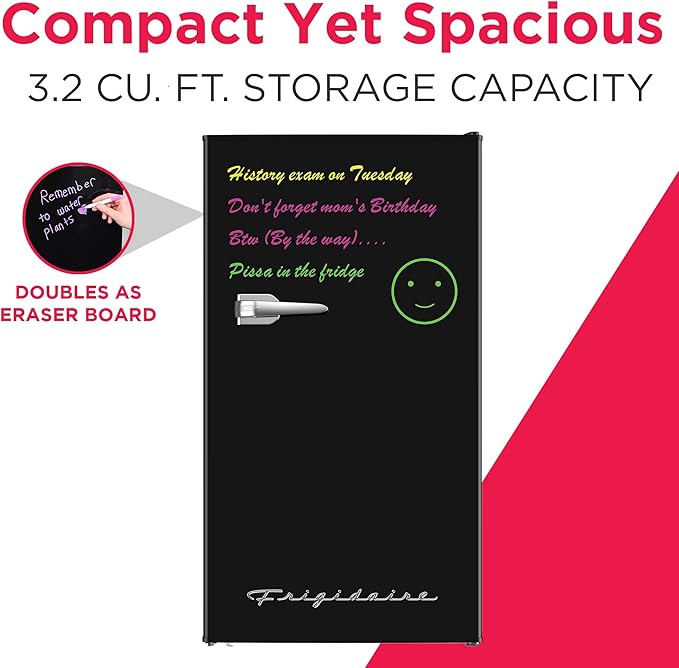 Frigidaire EFR331 Single Door Compact Refrigerator - Adjustable Thermostat Control - Reversible Doors - Front Blackboard, Write and Erase - Ideal for Dorm, Office, RV, Room - Black, 3.2 Cubic Feet