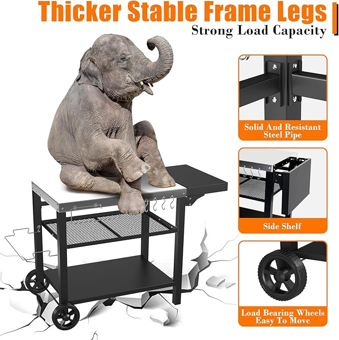 Grill Cart, Outdoor Grill Table, Pizza Oven Stand, Three-Shelf BBQ Table, Movable Dining Cart with Drawer, Fits for Ninja Woodfire Grill, Blackstone Griddle,Tabletop Grill